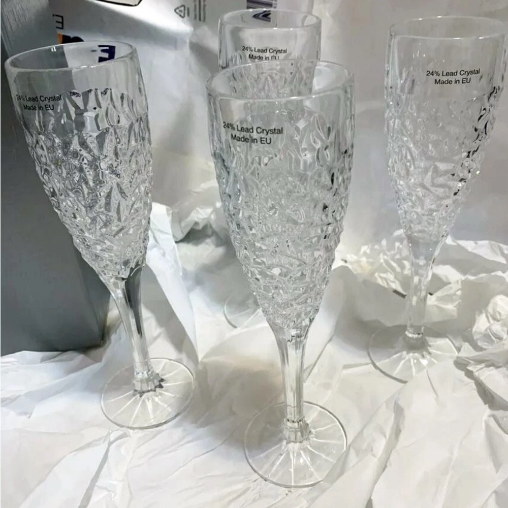 NEW Neiman Marcus Rogaska Champagne Flute Handcrafted Crystal Glasses Set 4